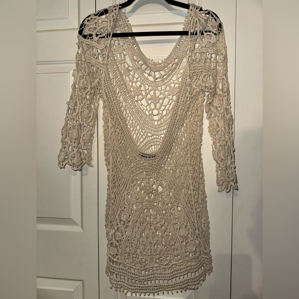 SHEIN Crochet Lace Long Sleeve bathing suit cover up in Beige